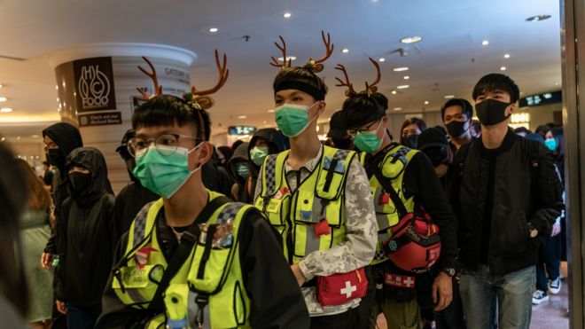 Volunteer medics are seen during a demonstration inside a shopping mall on December 24, 2019 in Hong Kong, China