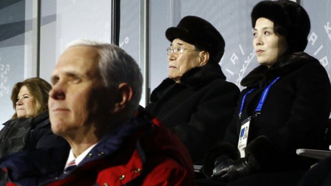 Вице-президент США Майк Пенс перед северокорейскими Ким Ён-Нам (С) и Ким Ё-Йонг (Р)