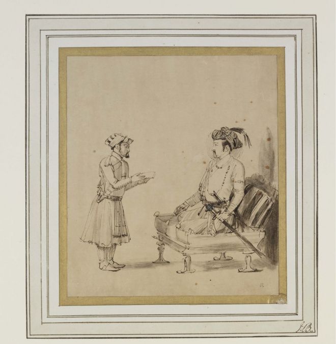 Рисунок на бумаге императора Великих Моголов Джахангира принимает офицера голландского художника Рембрандта.