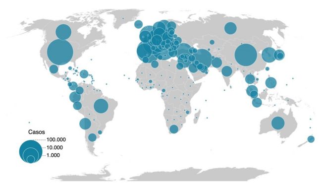 Mapa com os casos de coronavírus no mundo