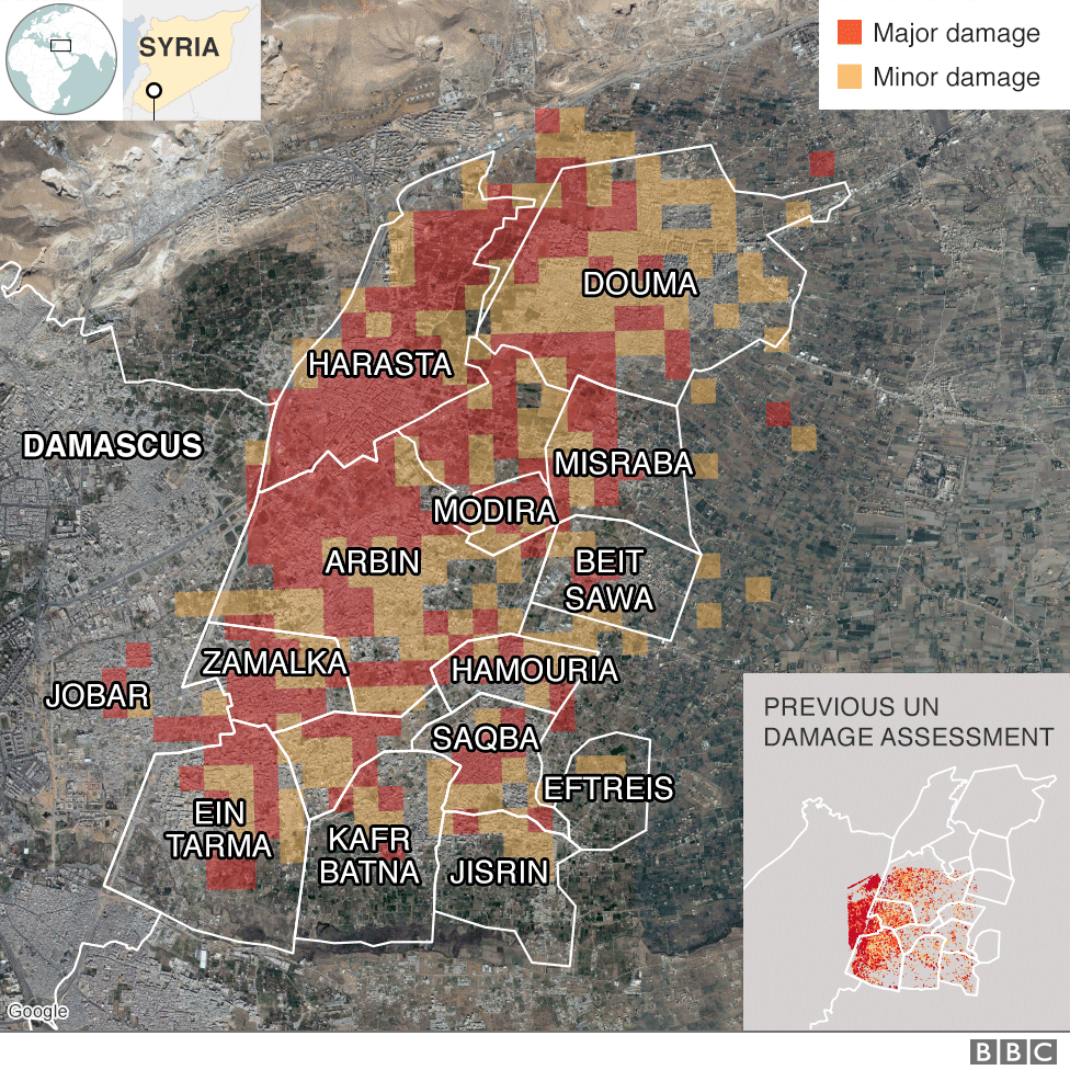 Карта, показывающая уровни ущерба в Восточной Гуте, Сирия, с декабря по февраль