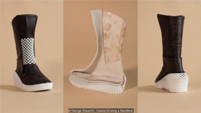 靴子的外层由菌丝体制成，里层是以菌丝体为基底的棉麻复合材料。