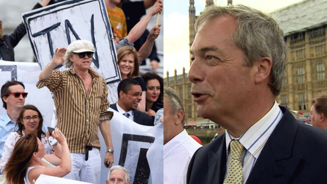 Sir Bob Geldof and other In campaigners (left) and Nigel Farage (right)