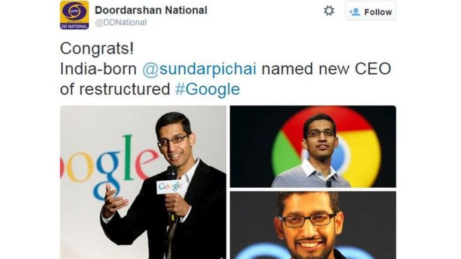 Congrats! Родившийся в Индии @sundarpichai назначен новым генеральным директором реструктуризированной #Google