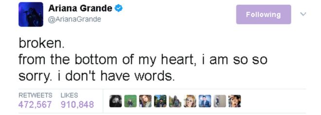 Твит Арианы Гранде: Сломан. От всего сердца мне так жаль. У меня нет слов.