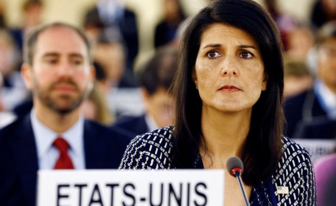 U.S. Ambassador to the United Nations Nikki Haley attends the United Nations Human Rights Council in Geneva, Switzerland June 6, 2017