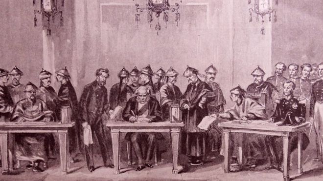 Hình minh họa việc ký hòa ước Thiên Tân (1858)