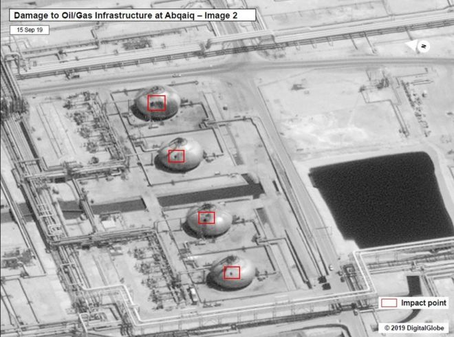 Damage shown on oil and gas infrastructure at Abqaiq in Saudi Arabia
