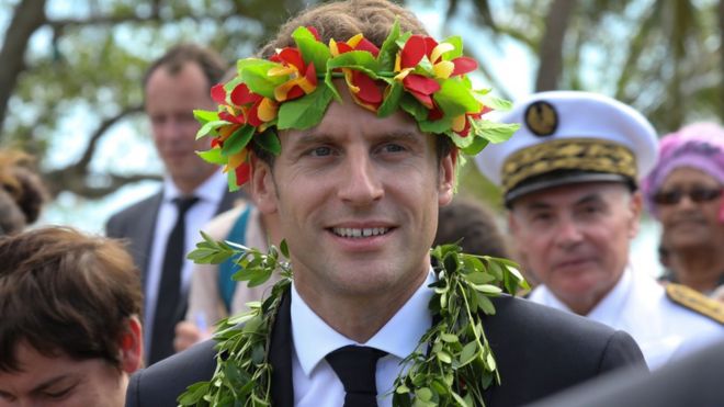 French President Emmanuel Macron takes part in a welcome ceremony in Ouvéa island in New Caledonia on May 5, 2018