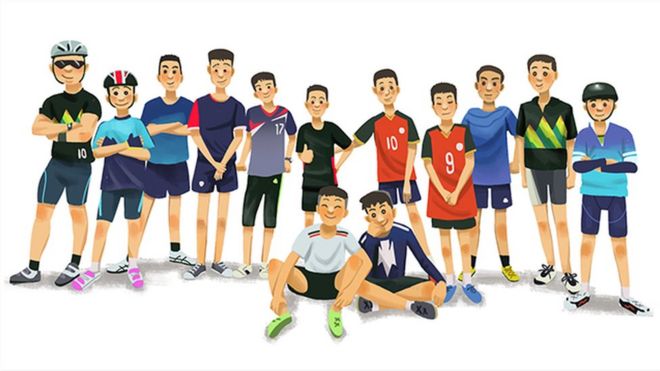 Dibujo de los integrantes del equipo de fútbol Jabalíes Salvajes
