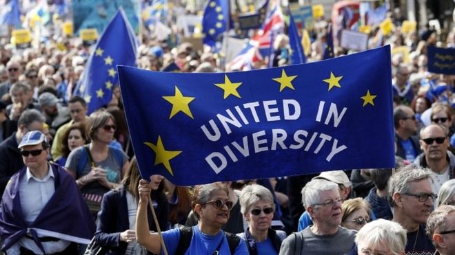 Участники кампании против Brexit несут флаги и баннеры