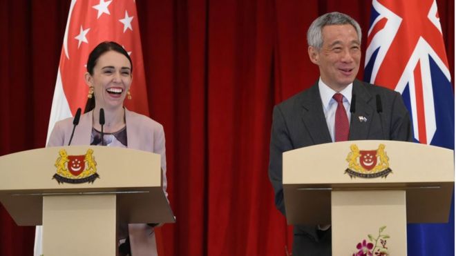 New Zealands Prime Minister Jacinda Ardern (L) and her Singaporean counterpart Lee Hsien Loong