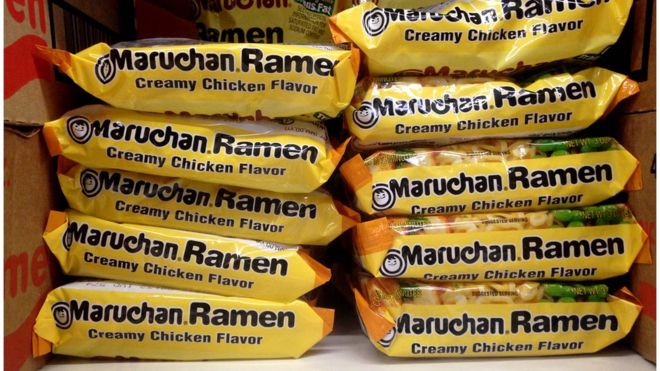 Stacked packages of dried ramen creamy chicken noodles in New Jersey