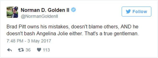 Чирикать: «Брэд Питт владеет своими ошибками, не винит других, и он также не избивает Анджелину Джоли. Это настоящий джентльмен.