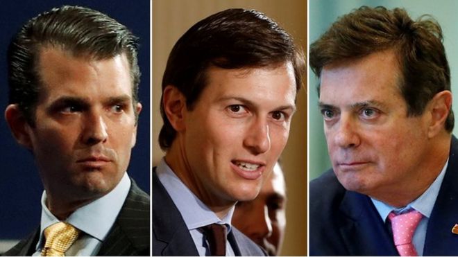 Combination of pictures show Donald Trump's eldest son, Donald Trump Jr, his son-in-law Jared Kushner and his former campaign manager Paul Manafort