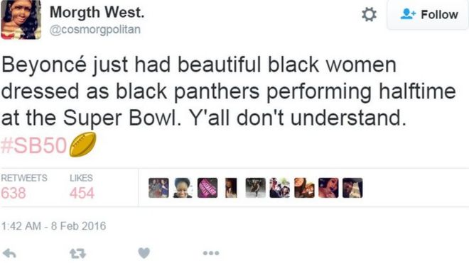 Tweet @cosmorgpolitan, восхваляющего факт, что танцоры Бейонсе, одетые как Черные Пантеры - 7 февраля 2016 г.