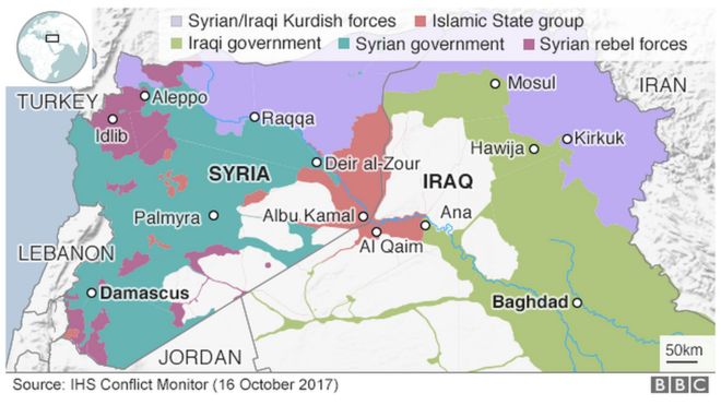 Карта, показывающая контроль над Ираком и Сирией (16 октября 2017 года)
