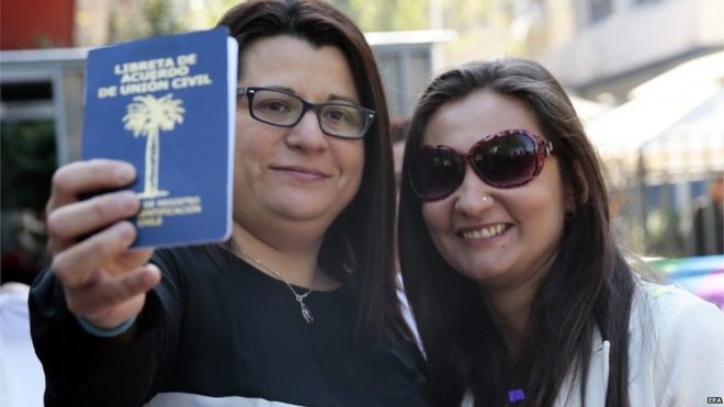 Роксана Ортис (слева) и Вирджиния Гомес (справа) предъявляют свою карточку с соглашением с гражданскими профсоюзами после оформления их профсоюза в Сантьяго (22/10/2015)