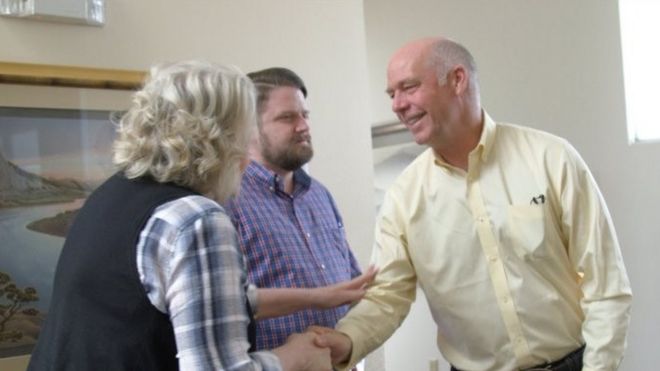 Montana Republican congressional candidate Greg Gianforte greets voters
