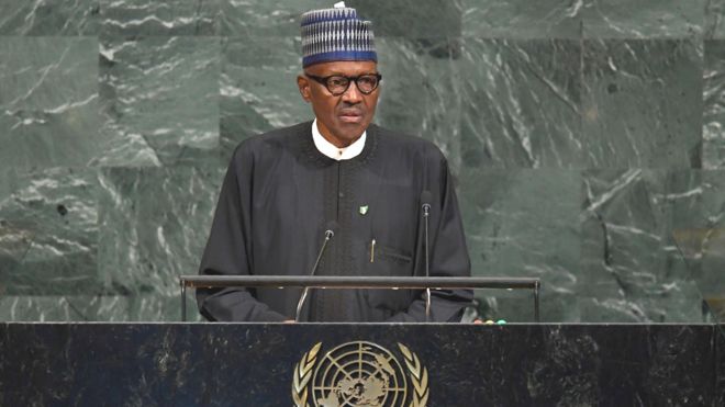 Le president nigérian Muhammadu Buhari, s'exprime sur la crise des Rohingya le 19 septembre à New York