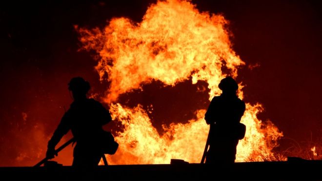 Калифорнийские пожарные борются с пожаром в Каньон-Кантри к северу от Лос-Анджелеса 25 октября 2019 г.