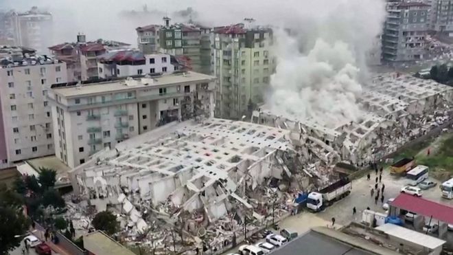 Drone shot of collapsed building in Hatay province, Turkey