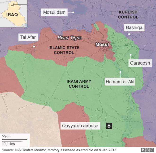 Карта, показывающая наступление правительственных сил вокруг иракского города Мосул