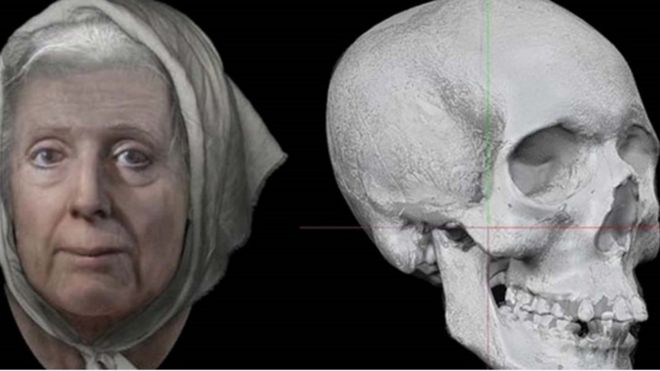 Lilias Adie reconstruction (L) and her skull (R)