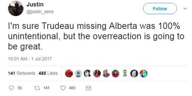 Твитер Джастин написал: «Я уверен, что Трюдо, скучающий по Альберте, был на 100% непреднамеренным, но чрезмерная реакция будет велика».
