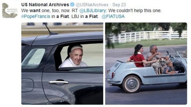 Твиты Национального архива США: мы тоже хотим, чтобы это было сейчас. RT @LBJlibrary: мы не могли с этим поделать. #PopeFrancis в Fiat. LBJ в распоряжение @FIATUSA