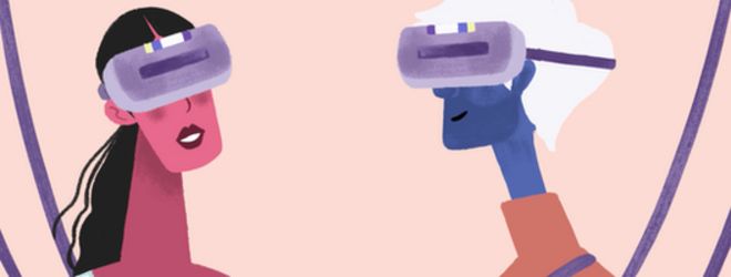 Анимированное изображение мужчины и женщины на свидании в виртуальной реальности