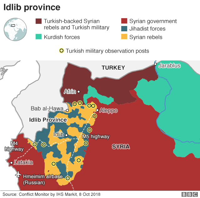 Карта показывает районы контроля в провинции Сирия Идлиб по состоянию на 8 октября 2018 года