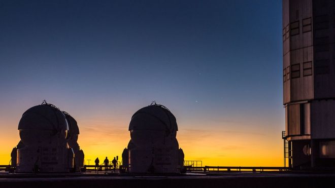 Три человека, стоящие между двумя большими телескопами, позади трех планет видны в ночном небе