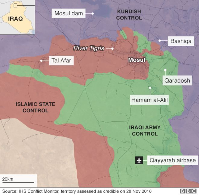 Карта, показывающая наступление войск на город Мосул