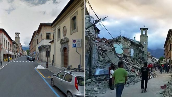 A la izquierda la calle principal de Amatrice y a la derecha su condición tras el temblor.