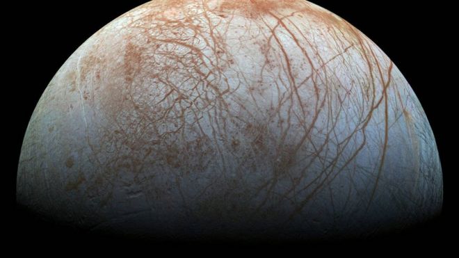 Europa, one of Jupiter's icy moons. Thought to be the most likely place in our solar system to be home to alien life