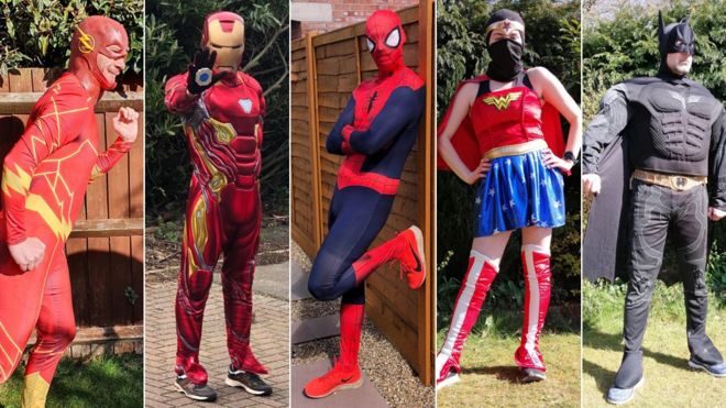 The line up of superheroes in Kesgrave, Suffolk