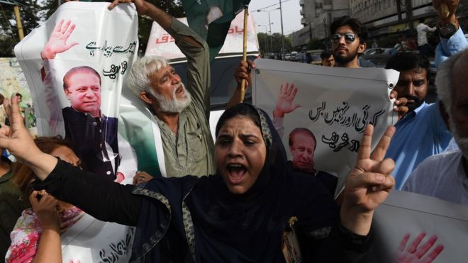 Активисты Пакистанской мусульманской лиги Наваз (ПМЛ-Н) выкрикивают лозунги после вынесения приговора Навазу Шарифу во время акции протеста в Карачи 6 июля 2018 года