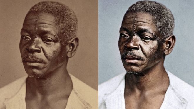 Colagem com retrato antes e depois da restauração