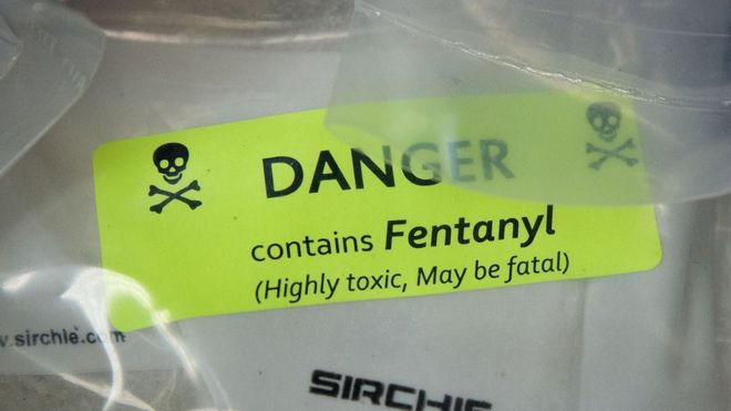 A warning sticker on a bag of fentanyl seized in New York City.