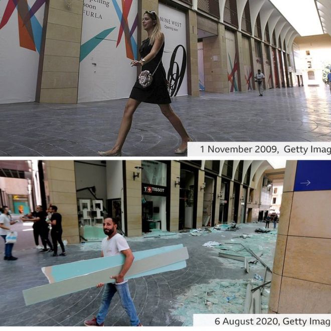 Souk shopping district, before and after blast damage