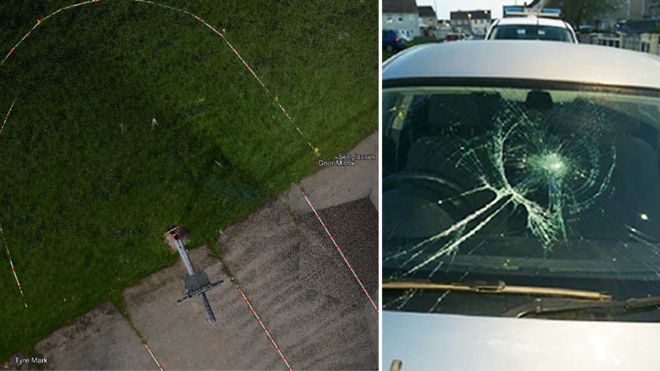 Аэрофотоснимок следов шин, оставленных на футбольном поле машиной Ли Тейлора после того, как он въехал в группу футбольных болельщиков на автостоянке и с разбитым ветровым стеклом своего BMW
