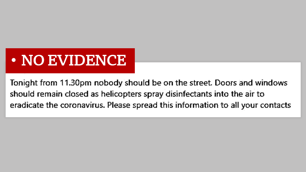 Скриншот фальшивого сообщения в WhatsApp утверждает, что вертолеты будут распылять дезинфицирующее средство в 23:30