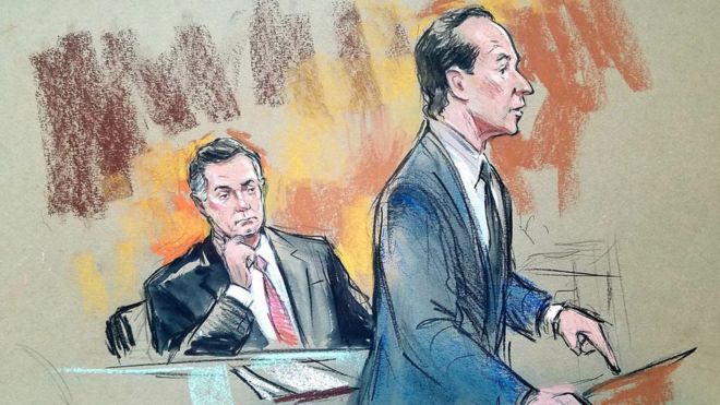 Набросок суда, на котором Пол Манафорт с адвокатом Ричардом Вестлингом в окружном суде США в Вашингтоне, 14 сентября 2018 г.