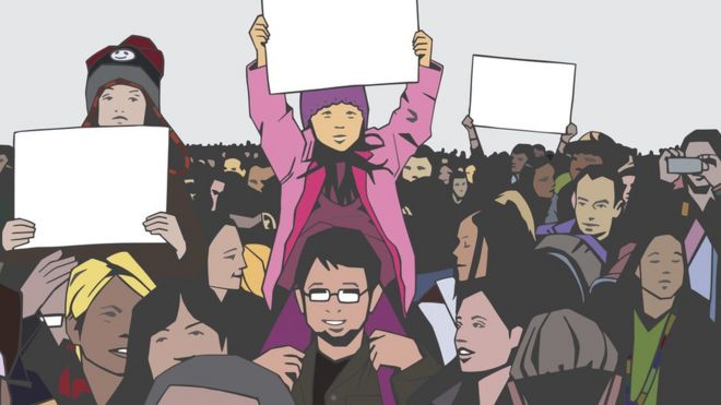 Ilustração mostra algumas crianças junto aos pais em protesto com dezenas de pessoas