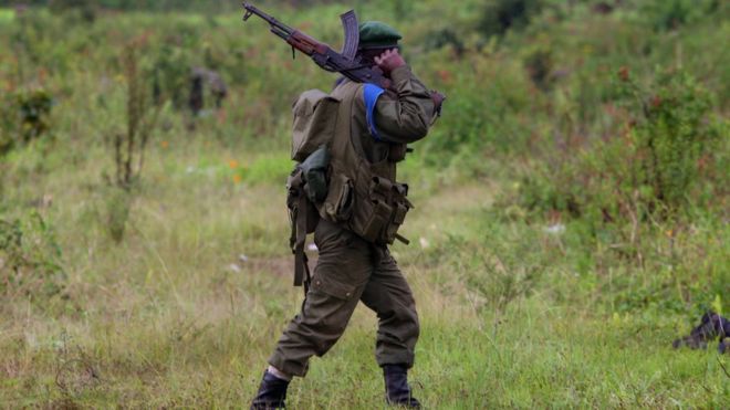 Солдат конголезской армии гуляет на передовой 12 ноября 2008 года в предместьях города Гома, ДР Конго.