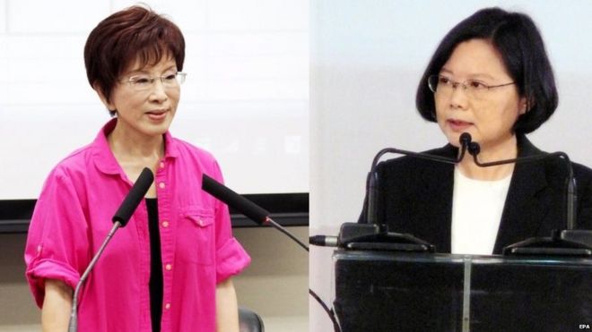 Кандидат в президенты Китайской националистической партии Хун Сю-чу (слева) в Тайбэе, Тайвань, 24 июня 2015 года, и кандидат в президенты оппозиционной Демократической прогрессивной партии Цай Ин-вэнь (справа) в Тайбэе 10 марта 2011 года
