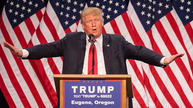 US Republican presidential candidate Donald Trump addresses the audience in Eugene, Oregon