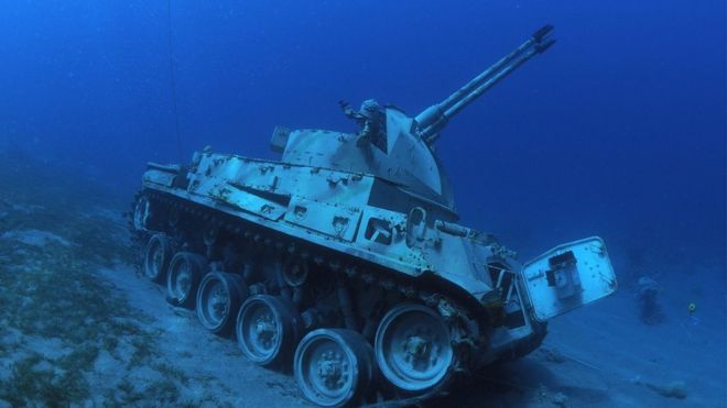Jordanian Armed Forces armoured vehicle lies on the seabed of the Red Sea off the coast of the southern port city of Aqaba