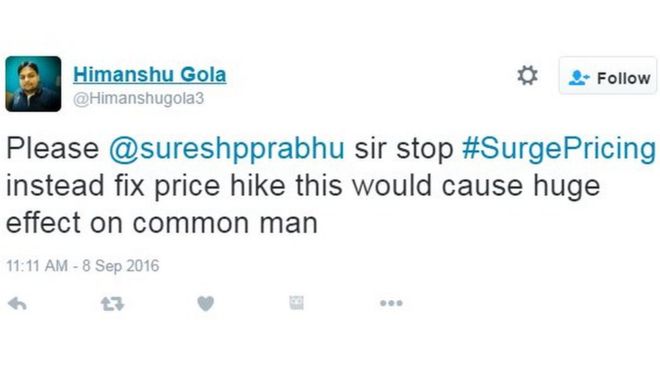 Пожалуйста, @sureshpprabhu, сэр, остановите #SurgePricing вместо того, чтобы зафиксировать повышение цен, это может оказать огромное влияние на простого человека